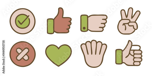 Hand gesture icon collection including thumbs up, peace sign, OK hand, pointing finger. Vector set of expressive hand signs for UI, apps, communication symbols, and infographics.

