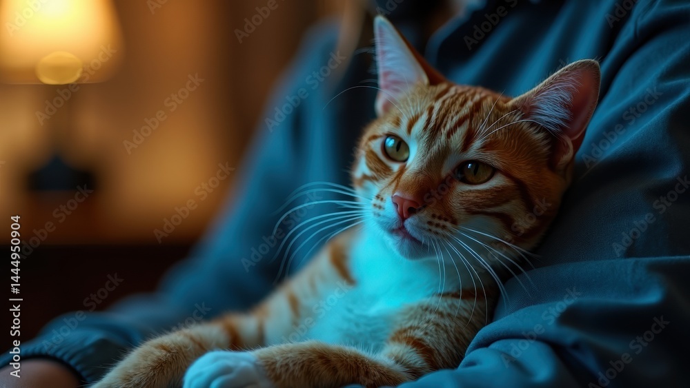 Person is holding a cat that is orange and white. The cat is looking at the camera with its eyes wide open. Scene is playful and affectionate