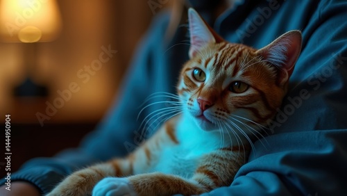 Obraz na płótnie Person is holding a cat that is orange and white. The cat is looking at the camera with its eyes wide open. Scene is playful and affectionate w salonie