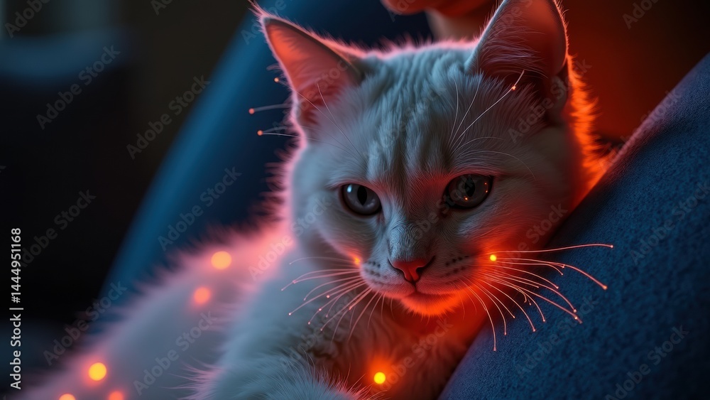 White cat is laying on a blue couch with a red light shining on it. The cat appears to be enjoying the warmth of the light. The scene is cozy