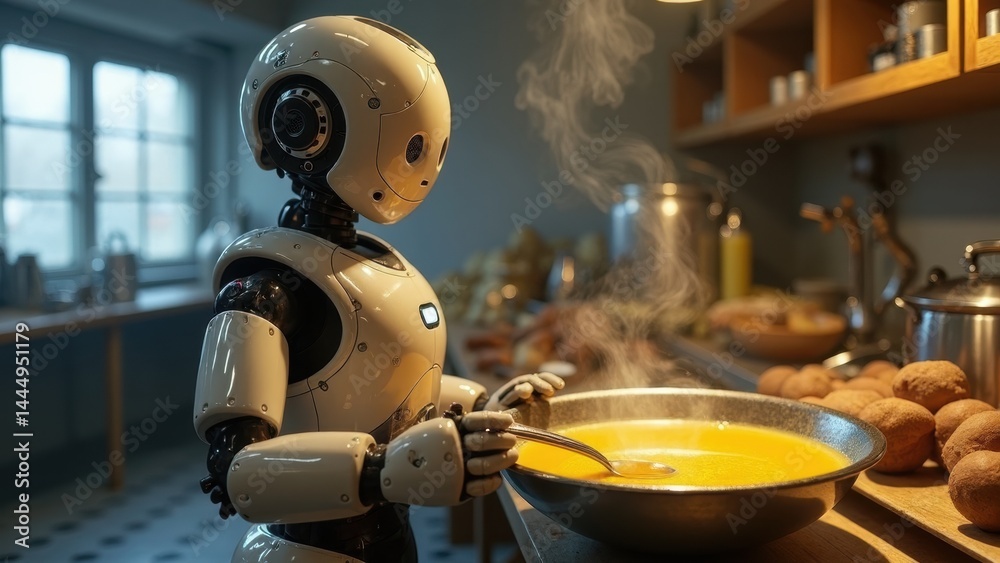 Robot is cooking food in a kitchen. The robot is white and black and is stirring a pot of food