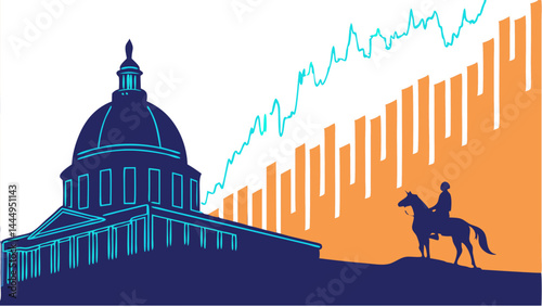 Illustration of capitol building with financial graph and equestrian statue on orange background