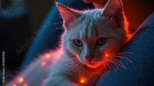 Obraz na płótnie White cat is laying on a blue couch with a red light shining on it. The cat appears to be enjoying the warmth of the light. The scene is cozy w salonie