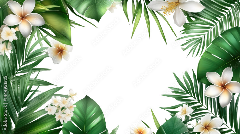 Tropical Plant Frame with Lush Green Leaves and White Frangipani Flowers for Nature-Inspired Designs and Creative Backgrounds