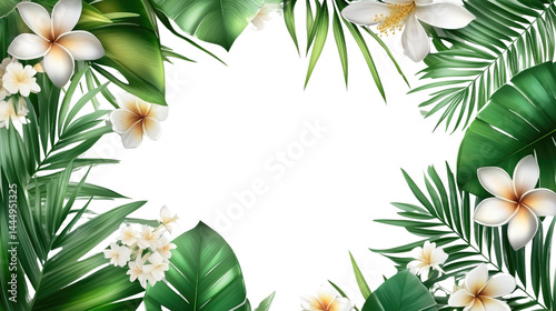 Tropical Plant Frame with Lush Green Leaves and White Frangipani Flowers for Nature-Inspired Designs and Creative Backgrounds