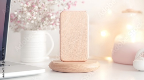 Rose Gold Phone on Wooden Stand with Wireless Charger