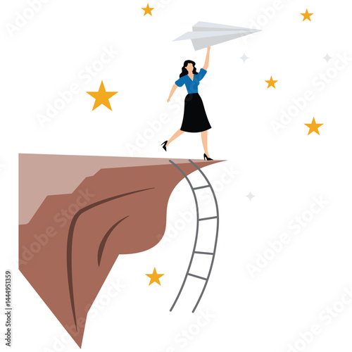 Businesswoman running over the cliff with a paper plane in raised hand.