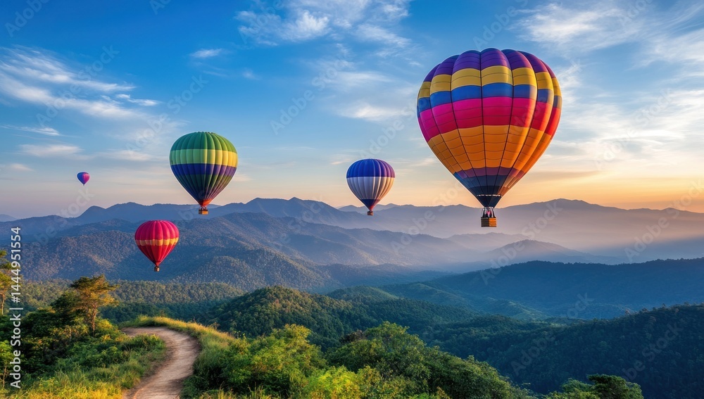 Fototapeta premium Majestic Hot Air Balloons Soaring Over Serene Mountain Landscape at Sunrise