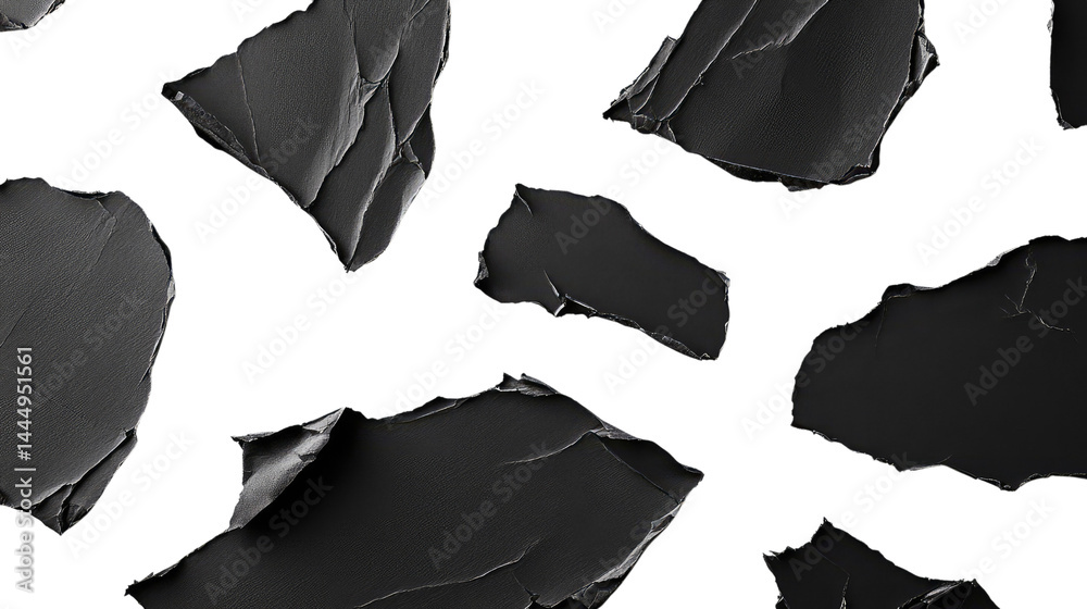 Abstract Black Textured Background with Torn Paper Elements, Highlighting Contrast and Dimension, Ideal for Creative Design Projects and Graphic Use