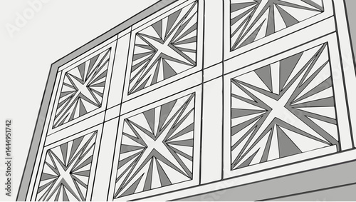 Close up view of a wall with geometric star patterns in rectangular frames and a light grey background