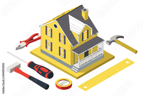 17 Miniature yellow house model, assorted hand tools, construction tools, home improvement, DIY project, hammer, screwdriver, wrench, pliers, measuring tape, realistic render, isolated on white backgr