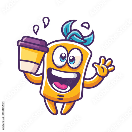Vector logo design template and graphic elements for advertising, branding, posters and banners, funny cartoon illustrations with smiling character, coffee cup mascot, print and sticker