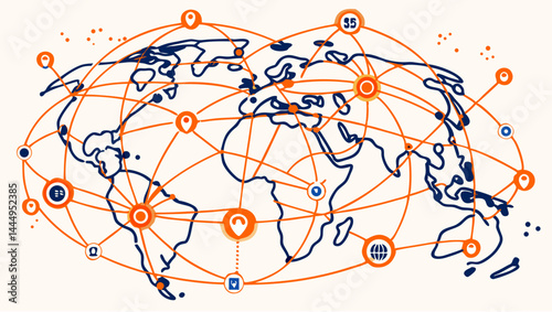 Illustration of a world map with interconnected nodes and lines depicting global network connections