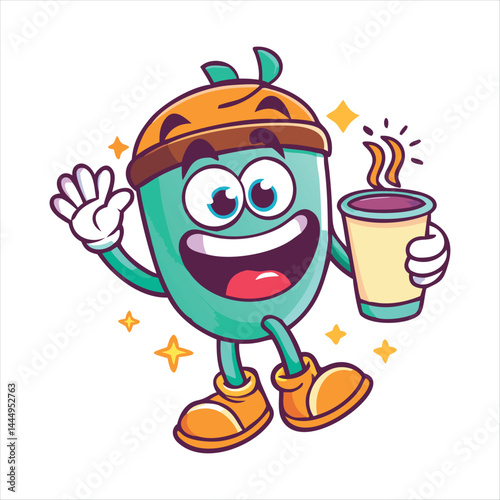 Vector logo design template and graphic elements for advertising, branding, posters and banners, funny cartoon illustrations with smiling character, coffee cup mascot, print and sticker