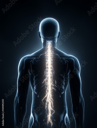 Illuminated Spinal Cord Anatomy - Human anatomy, energy flow, spinal column, nervous system, bioluminescence. Symbolizes vitality, connection, power, health, and inner light