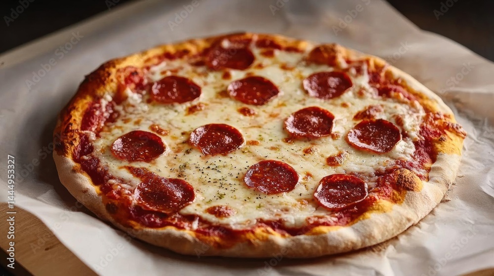 The image is of a pepperoni pizza on a wooden cutting board. the pizza is round and has a golden brown crust. it is topped with thin slices of pepperoni and melted cheese. The image is of a pepperoni pizza on a wooden cutting board. the pizza is round and has a golden brown crust. it is topped with thin slices of pepperoni and melted cheese.