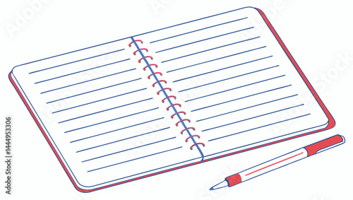 Open spiral notebook with lined pages and a red pen lying next to it on a white background surface
