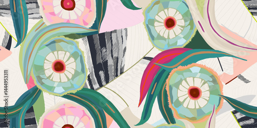 Beautiful abstract botanical pattern. Dynamic hand drawn print. Fashionable template for design. 