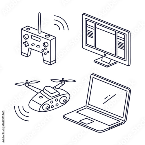 Devices set of web icons in line style. Electronic devices and gadgets icons for web and mobile app. Smart devices, technology, computer monitor, smartphone, tablet, laptop, drone. Vector illustration