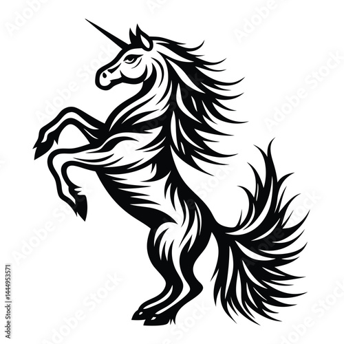 Black Silhouette of a Majestic Unicorn Rearing Up On its Hind Legs Isolated Art