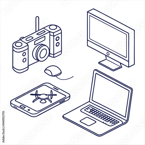 Devices set of web icons in line style. Electronic devices and gadgets icons for web and mobile app. Smart devices, technology, computer monitor, smartphone, tablet, laptop, drone. Vector illustration