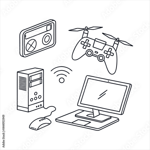 Devices set of web icons in line style. Electronic devices and gadgets icons for web and mobile app. Smart devices, technology, computer monitor, smartphone, tablet, laptop, drone. Vector illustration