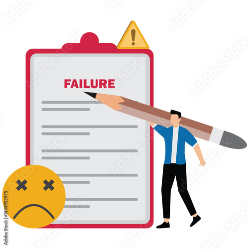 Sad business man worried about failure checklist & decreasing business