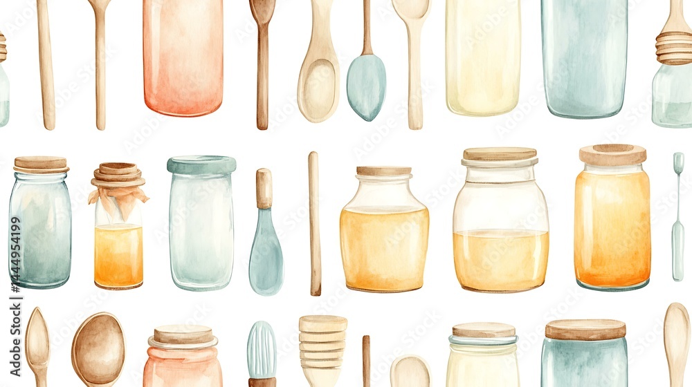 Seamless pattern of watercolor farmhouse tools like honey dippers, ladles, and glass storage jars in muted pastels Farmhouse Kitchen Decor and Wall Art Prints Rustic Stationery Seamless pattern of watercolor farmhouse tools like honey dippers, ladles, and glass storage jars in muted pastels Farmhouse Kitchen Decor and Wall Art Prints Rustic Stationery