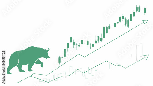 Green bull silhouette with stock market candlestick chart and upward trending arrow graph showing growth