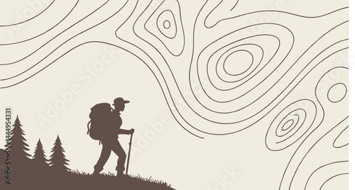 Silhouette of a hiker with backpack and walking stick on a hill with topographic contour lines above him