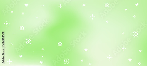 Abstract green ombre summer gradient background with game pixel elements, clover flower and sparkle pattern. Modern minimalist pastel green color gradations. Blurry Y2K inspired gradient vector bg