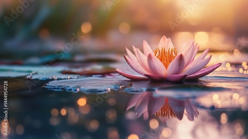 Peaceful lotus flower on water, serene sunrise