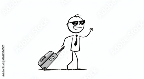 Stick Figure Traveling with Suitcase and Sunglasses