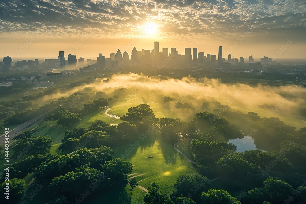Obraz premium Sunny Aerial View City Skyline, Green Landscape, Fog, and Sunlit Horizon, Scenery
