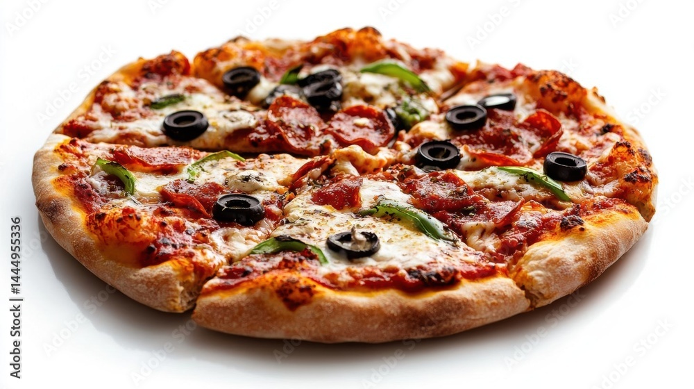 The image is of a freshly baked pizza on a white plate. the pizza has a golden brown crust and is topped with melted cheese, pepperoni, black olives, and green peppers. The image is of a freshly baked pizza on a white plate. the pizza has a golden brown crust and is topped with melted cheese, pepperoni, black olives, and green peppers.