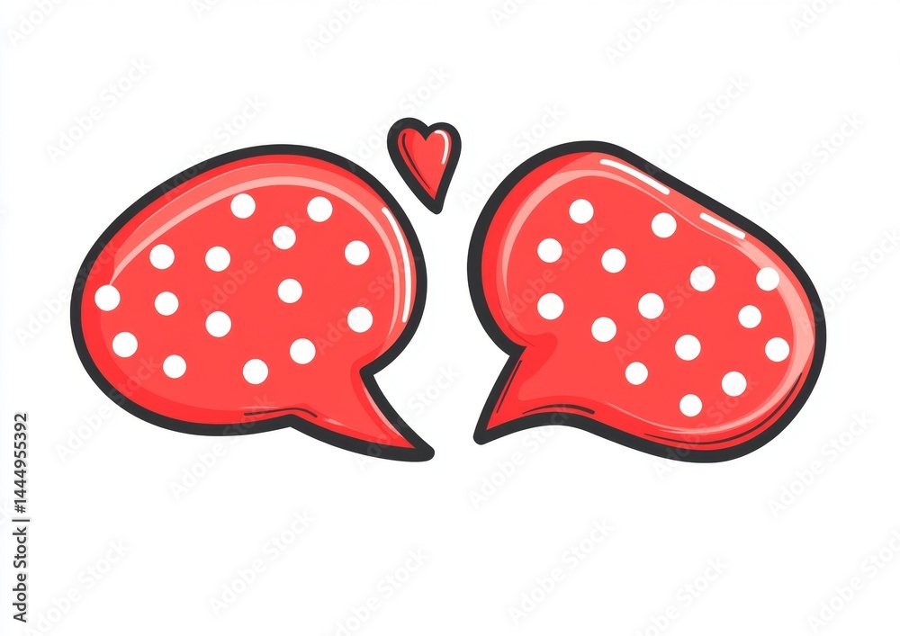 Two red speech bubbles with white polka dots