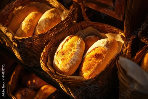 Fresh loaves of bread in woven baskets, golden-hued and artisanal, displayed in a bakery  Close-up view highlights the texture and color of the baked goods