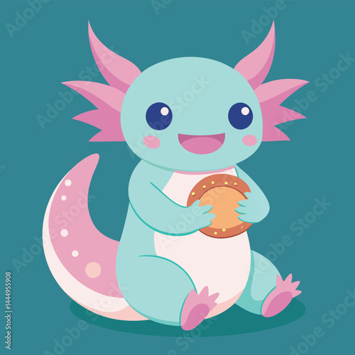 Explore the adorable charm of a cartoon character featuring a cute axolotl enjoying a donut. Perfect for whimsical designs, children's illustrations, or adding a sweet touch to any project. This chara