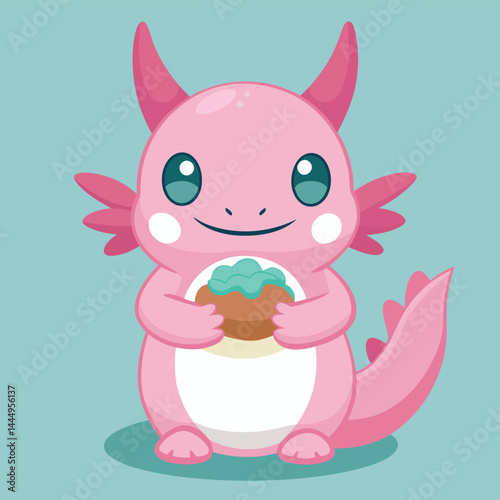 Explore the adorable charm of a cartoon character featuring a cute axolotl enjoying a donut. Perfect for whimsical designs, children's illustrations, or adding a sweet touch to any project. This chara