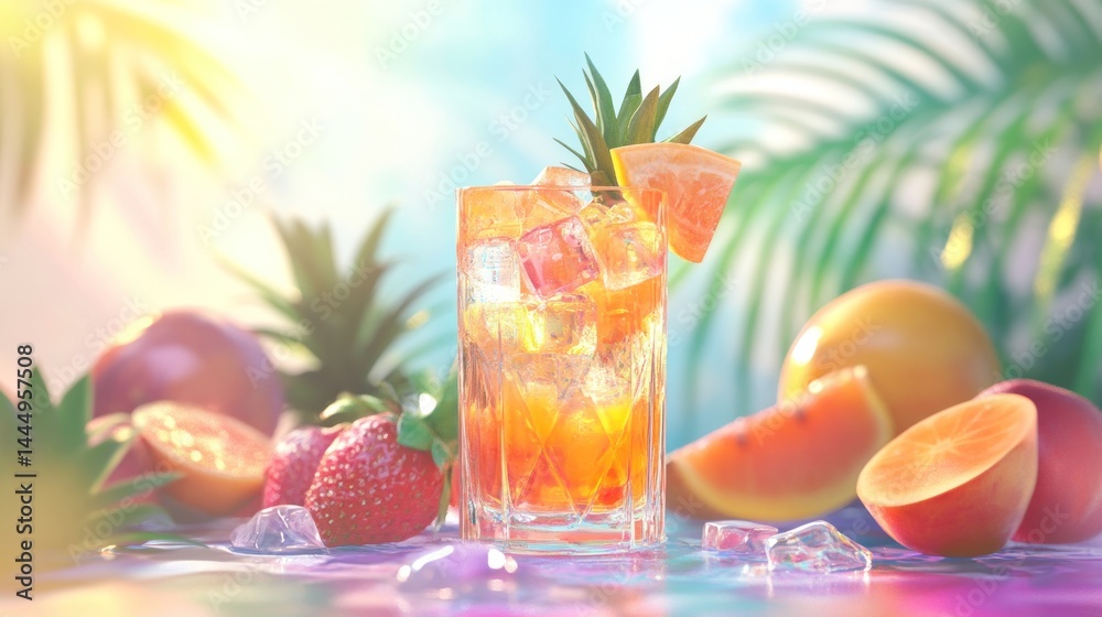Fototapeta premium Refreshing summer drink with ice and fruit