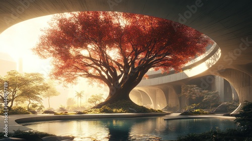 Wallpaper Mural Dreamlike landscape with majestic tree beneath architectural bridge structures Torontodigital.ca