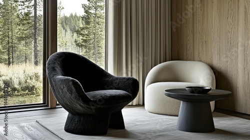 Two modern lounge chairs placed in a cozy minimalist living room