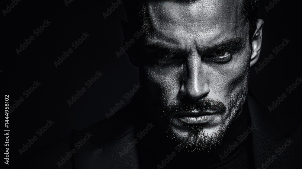 A serious man with a beard gazing intently forward in grayscale A serious man with a beard gazing intently forward in grayscale