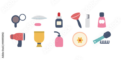 Beauty and personal care icon set including makeup brush, lipstick, skincare tube, perfume bottle, hairdryer, nail polish and grooming tools for salon and cosmetic branding illustrations.