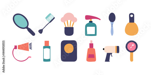 Beauty and personal care icon set including makeup brush, lipstick, skincare tube, perfume bottle, hairdryer, nail polish and grooming tools for salon and cosmetic branding illustrations.