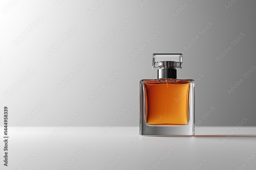 Amber perfume in a square glass bottle with a silver cap, set against a minimalist white background. The bottle casts a subtle shadow Amber perfume in a square glass bottle with a silver cap, set against a minimalist white background. The bottle casts a subtle shadow