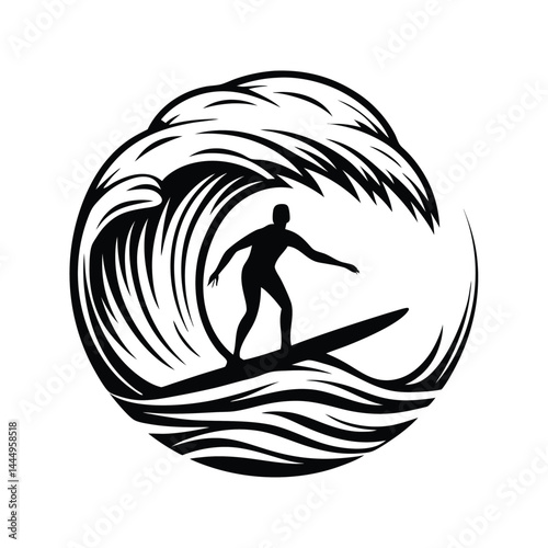 Surfer Silhouette Riding Wave, Black and White, Artistic Design, Ocean, Sea, Water