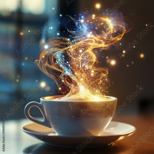 a beautiful mug of coffee with a magical effect, creative