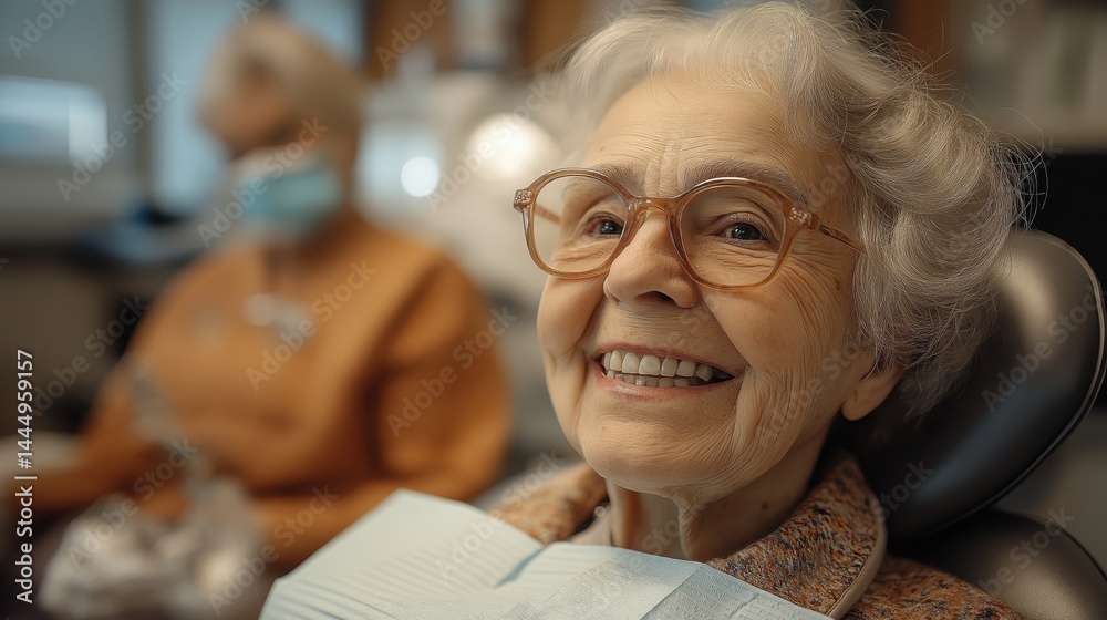 Happy senior woman sitting in a dental chair, smiling after successful treatment