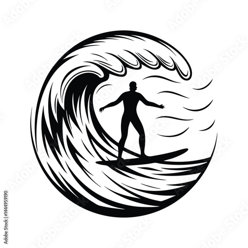 Silhouette Surfer on Board within Giant Wave Crests in Black and White Iconography